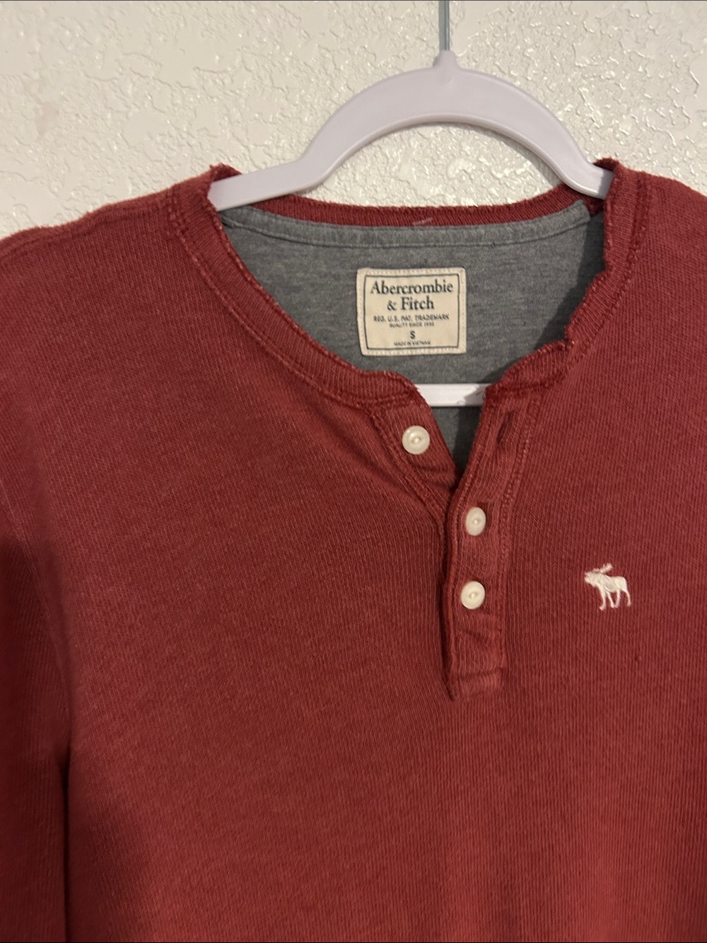 Abercrombie & Fitch Brick Red Henley with White Moose Logo